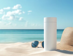 Blank cosmetic bottle on beach sand with sunglasses and straw hat