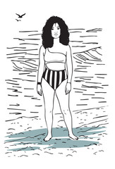 dark-skinned girl in a swimsuit on the background of the ocean vector sketch. summer landscape and girl in bikini vector hand drawing