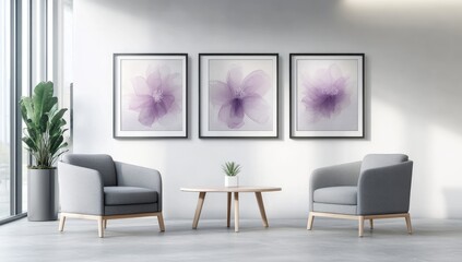 Three framed lilac floral prints hang in a modern waiting area