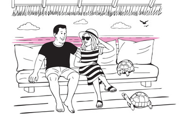 couple in love on the ocean shore vector sketch. seascape gazebo by the ocean vector hand drawn
