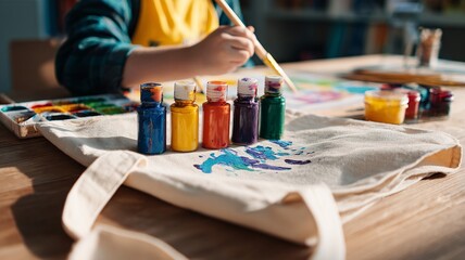 A child is painting a picture on a canvas with a variety of colors