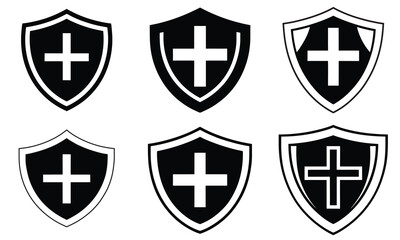 Collection of Shield Icons with Cross Symbols in Various Styles, people life insurance icon set safety health assurance policy medical shield service vector with aid cros,Protection and unprotection, 