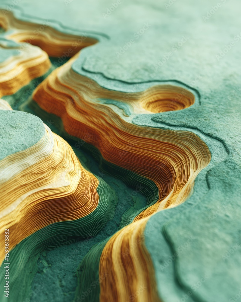 Poster Topographic Map with Flowing Contour Lines on Textured Surface for Precise Geodesy and Geographic Data Visualization in Technical Presentations
