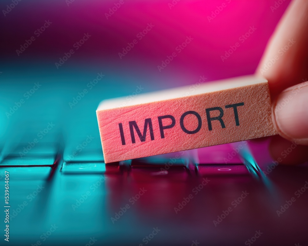 Poster tariff stamp with import text on wooden block held over laptop keyboard highlighting digital trade a