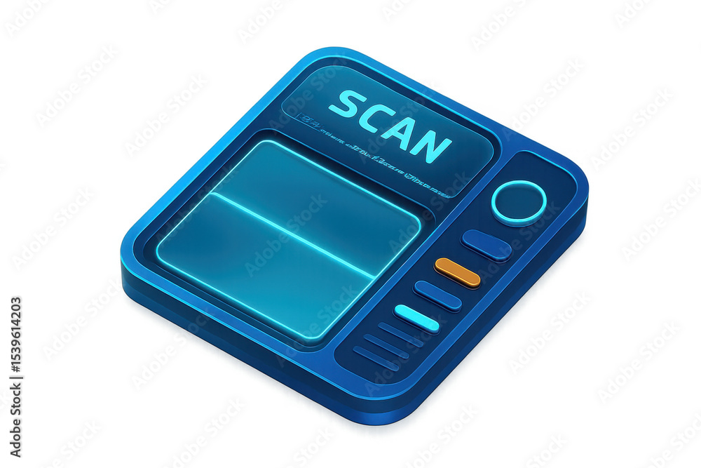 Poster modern scanning technology, featuring a sleek, glowing blue interface with interactive buttons and a