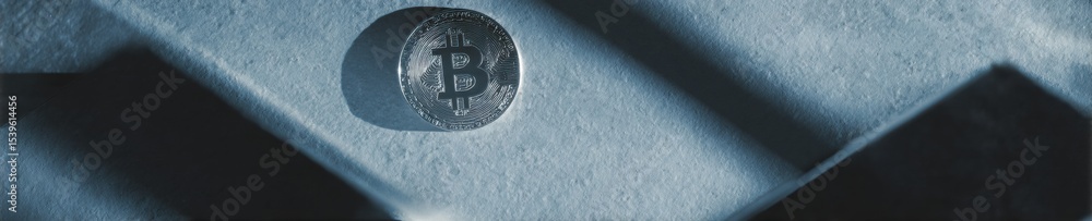 Poster strategic reserve bitcoin coin on digital blockchain surface representing modern cryptocurrency inve