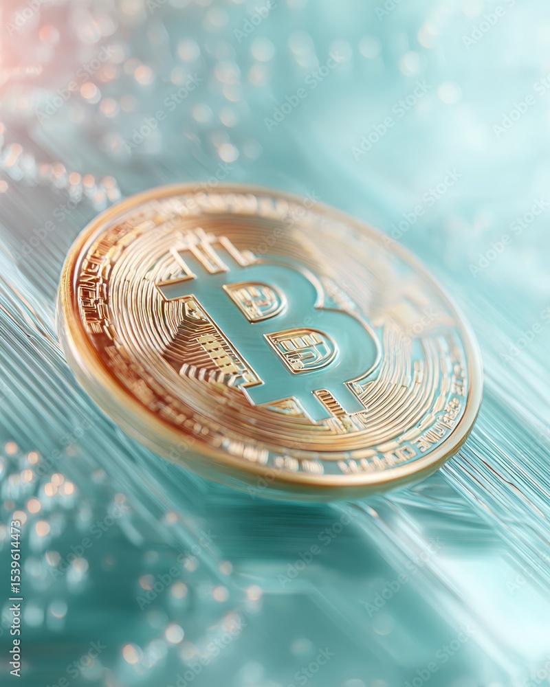 Aufkleber Strategic Reserve Bitcoin Logo Floating Above Digital Circuit Board with Cryptocurrency Blockchain Elements for Modern Fintech Advertising
