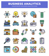 Collection of Business Analytics Icons: Data Analysis. Financial Reports. and Strategic Planning