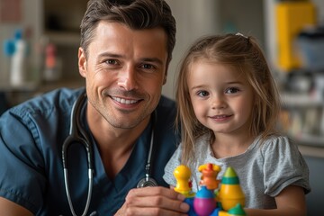 Obraz premium Child Feeling Calm with Pediatrician Using Toy to Ease Anxiety