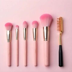 Pastel Makeup Brushes and Accessories Flatlay  Soft Feminine Beauty Tools on soft coloer  Background. Makeup Brushes..