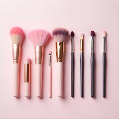 Pastel Makeup Brushes and Accessories Flatlay  Soft Feminine Beauty Tools on soft coloer  Background. Makeup Brushes..