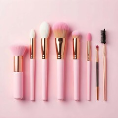 Pastel Makeup Brushes and Accessories Flatlay  Soft Feminine Beauty Tools on soft coloer  Background. Makeup Brushes..