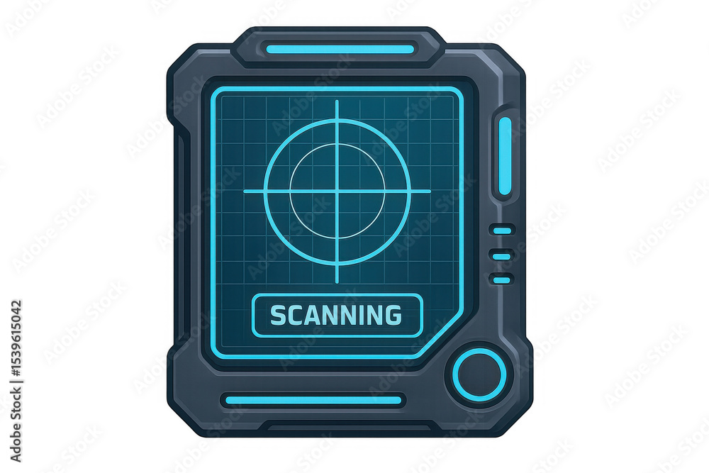 Poster futuristic scanner device actively searching, featuring a prominent target and the word scanning dis