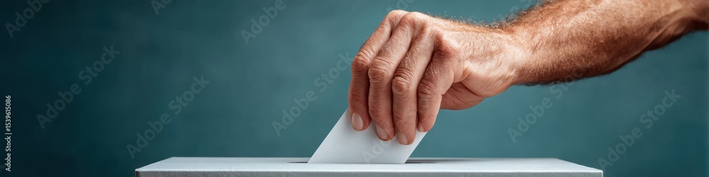 Poster secure voting participation concept with hand inserting ballot paper into secure box against nationa