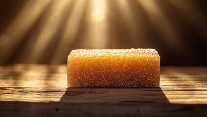 Golden rectangular confection on rustic wooden table, backlit by sunbeams