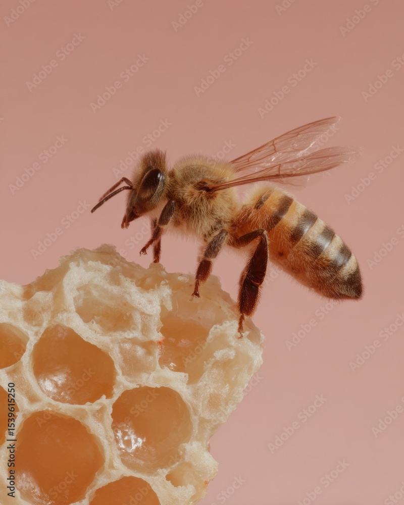 Poster close-up of honeybee on natural honeycomb hexagonal cells with textured wax structure for sustainabl