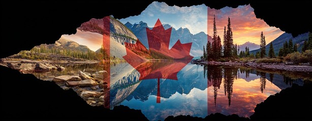 Canada flag and beautiful Canadian landscapes. High quality