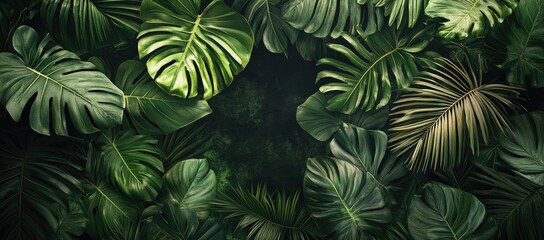 Fototapeta premium Lush tropical leaves arranged in a dense pattern