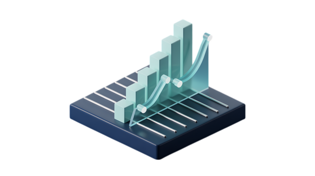 Isometric representation of a financial growth chart with rising bars and an upward trendline