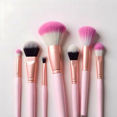 Pastel Makeup Brushes and Accessories Flatlay  Soft Feminine Beauty Tools on soft coloer  Background. Makeup Brushes..