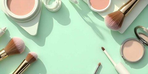 Pastel Makeup Brushes and Accessories Flatlay  Soft Feminine Beauty Tools on soft coloer  Background. Makeup Brushes..