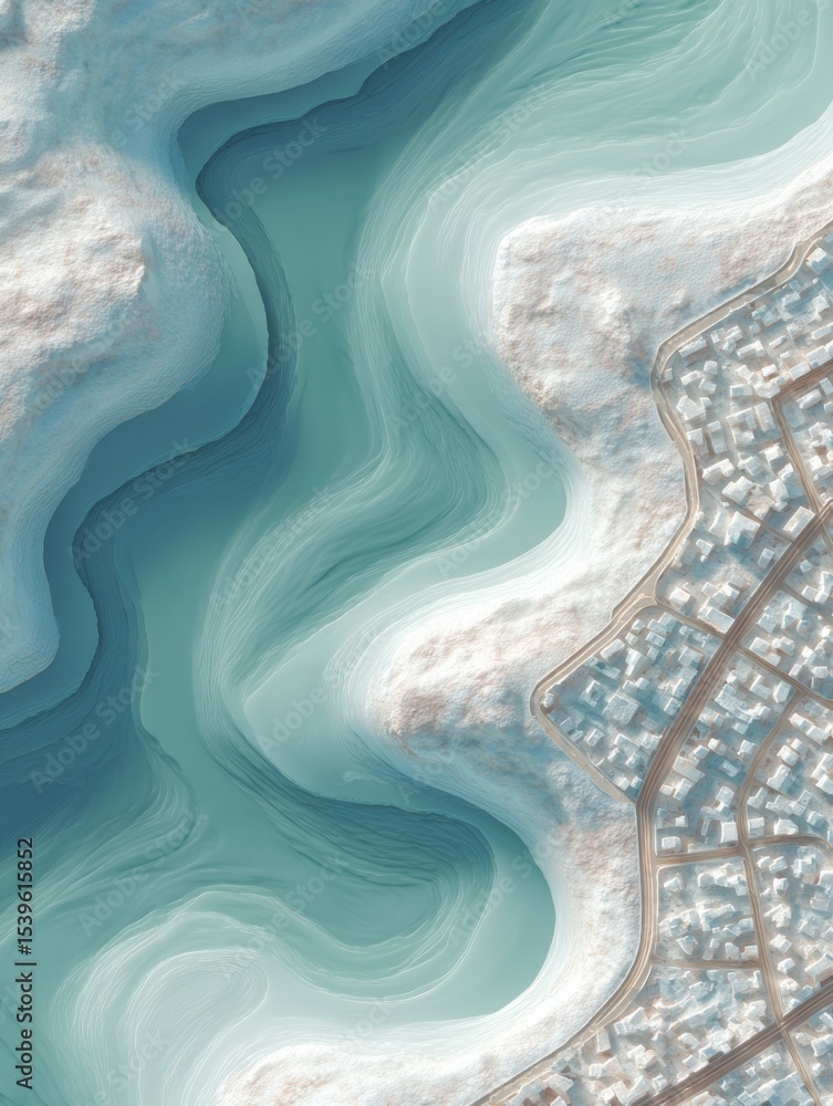 Poster High-resolution remote sensing satellite image of urban coastal area with detailed topography and waterfront infrastructure for geospatial intelligence and mapping