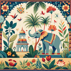 Chinoiserie seamless border mural of Indian elephant under flower-laden tree with butterflies, palm leaves and birds, on white background © Indira