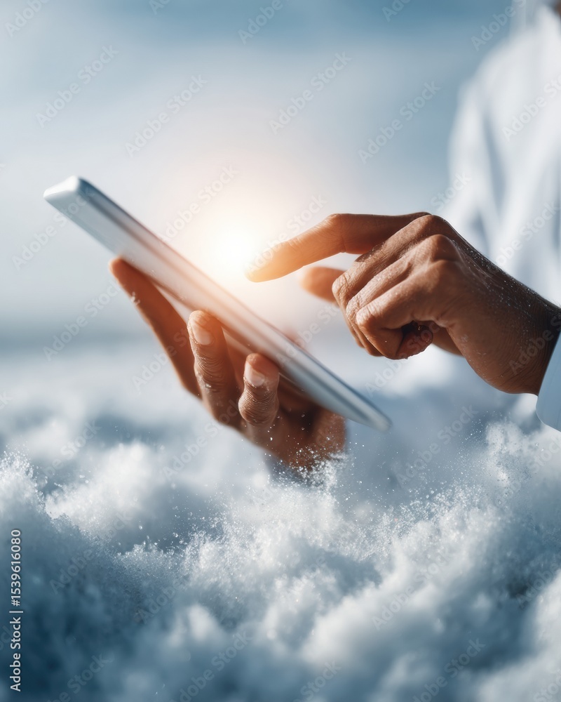 Poster businessman using tablet with digital market projections and growth metrics for data-driven portfoli