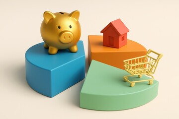 Golden Piggy Bank sits atop a blue slice of a vibrant 3D pie chart, representing savings for expenses like buying a red house and yellow shopping with a mini cart.