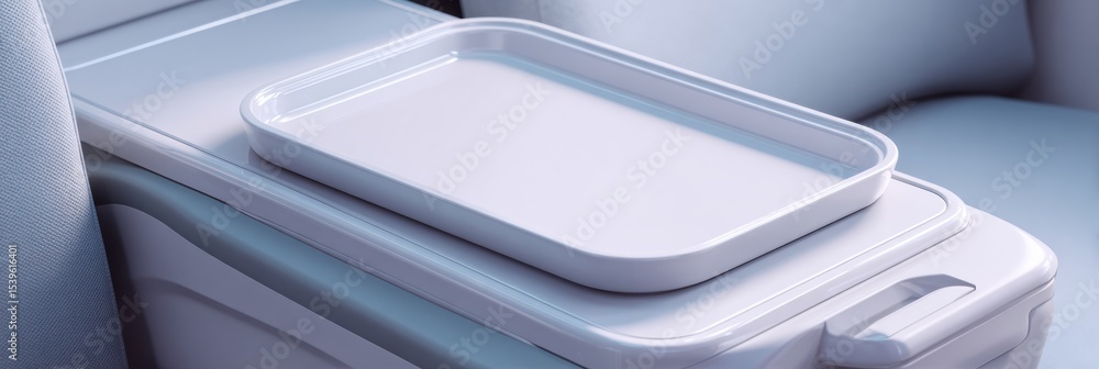 Poster modern aircraft tray table extended from seat armrest in minimalist cabin design highlighting clean 