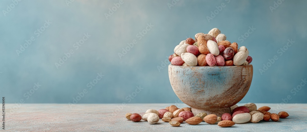 Aufkleber minimalist rustic wooden bowl overflowing with mixed nuts on weathered surface for healthy snack mar