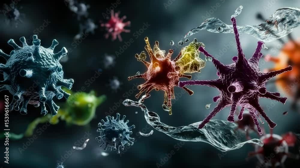 Poster colorful microscopic viruses and bacteria floating in a dark environment with liquid elements swirli