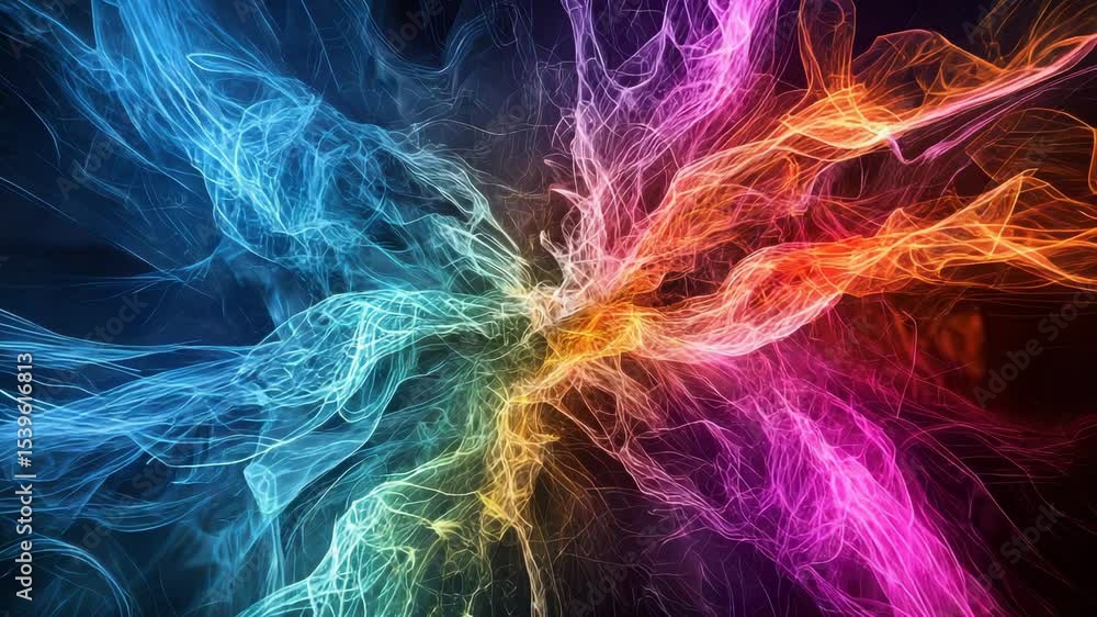 Poster colorful, swirling abstract light trails collide at the center on a dark background, creating a vibr