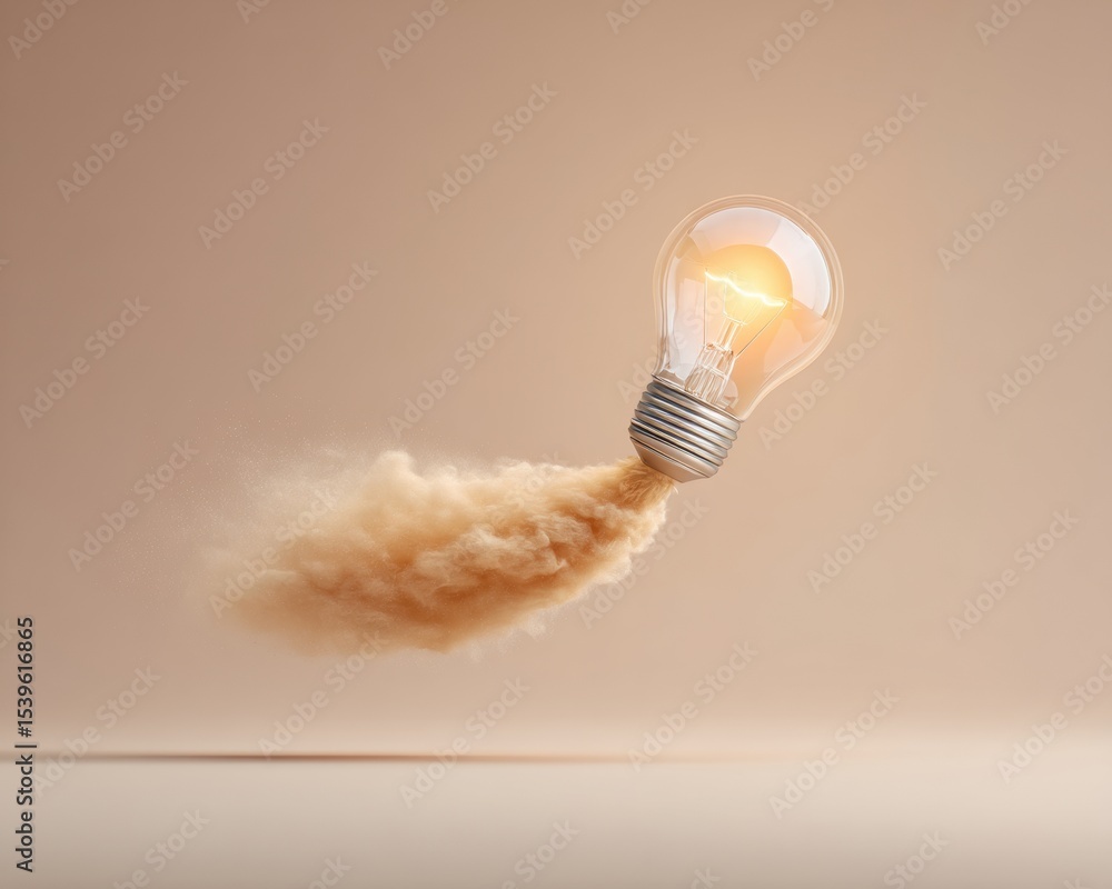 Poster innovative glowing light bulb liftoff with vapor trail against gradient background symbolizing creat
