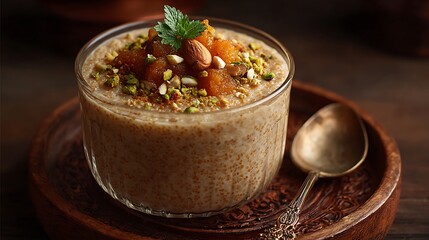 Aseeda sorghum porridge with toppings in clear cup