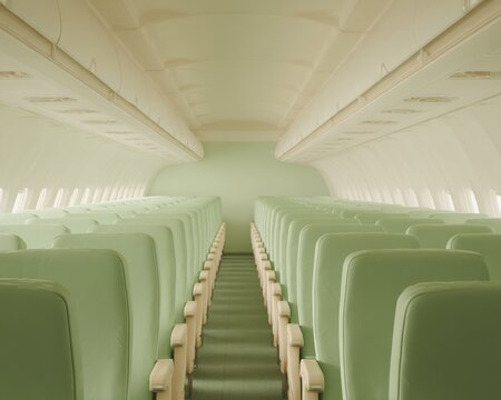 Minimalist Empty Aircraft Cabin Interior with Symmetrical Green Seats and Overhead Bins, Perfect for Airline Branding and Travel Industry Marketing Campaigns
