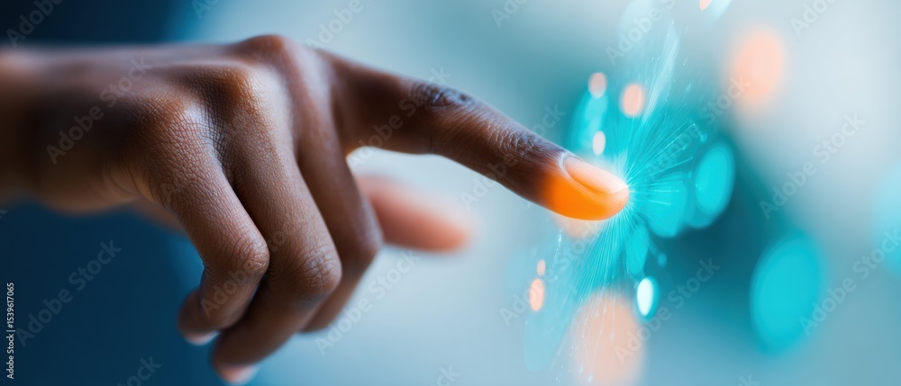 Poster haptic feedback fingertip interacting with translucent holographic interface in vibrant turquoise an