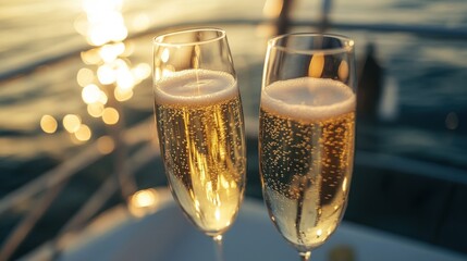Sparkling Champagne Flutes with Golden Bokeh Lights on a Yacht at Sunset