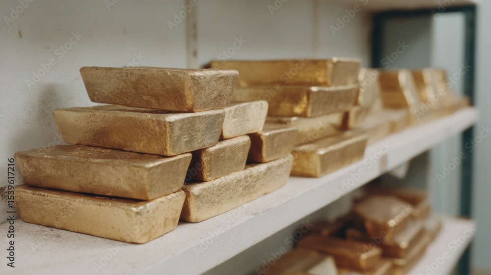 Poster stacked gold bullion bars in secure vault highlighting tangible wealth preservation and premium inve