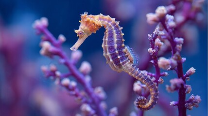 A purple and orange sea horse is swimming in a purple and orange sea