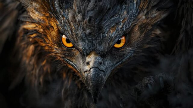 A detailed close-up of a fierce eagle's face with intense golden eyes and sharp beak highlighted.
