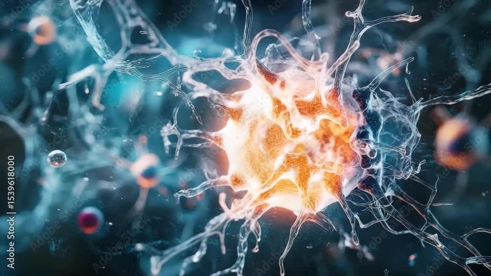 Poster A glowing nerve cell with branching dendrites and synapses in a vibrant, microscopic, blue-toned environment.