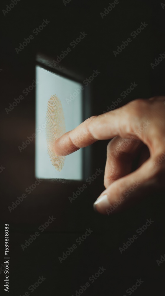Poster Futuristic Biometric Fingerprint Scanner with Dramatic Chiaroscuro Lighting for Secure User Authentication and Advanced Access Control