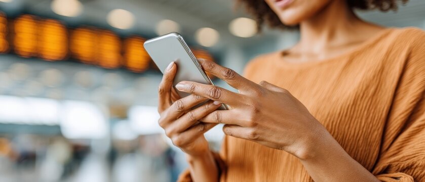 Modern Travel Tech Close-up of Smartphone with Flight Info Interface in Airport, Highlighting Mobile Journey Management and Connected Experience