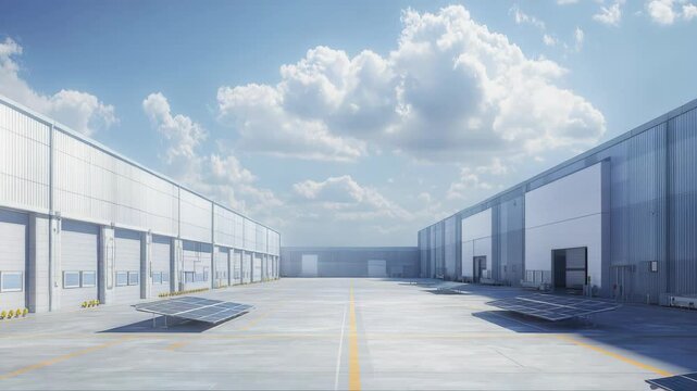 Solar panels installed at a large industrial facility under a bright blue sky with fluffy clouds