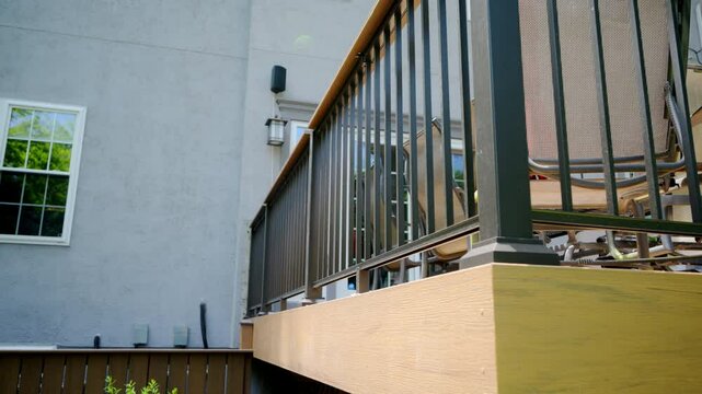 Element ofhome exterior, new wooden deck on the backyard , slow move wide camera shot