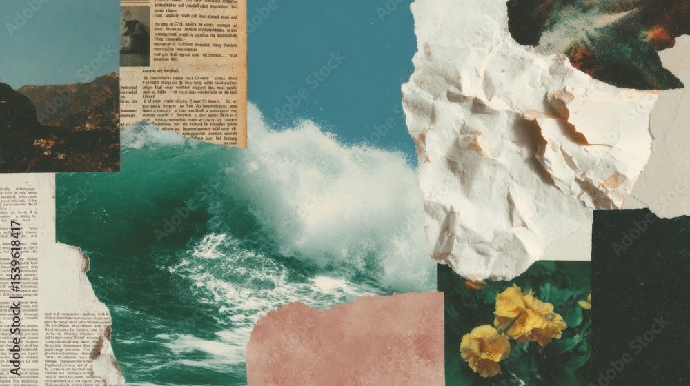 Poster vintage newspaper collage with distressed paper and grunge texture overlay on neutral surface for ti
