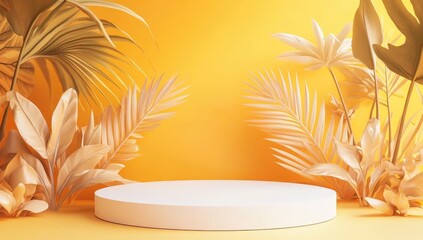 Fototapeta premium Minimalist white podium surrounded by pastel yellow foliage