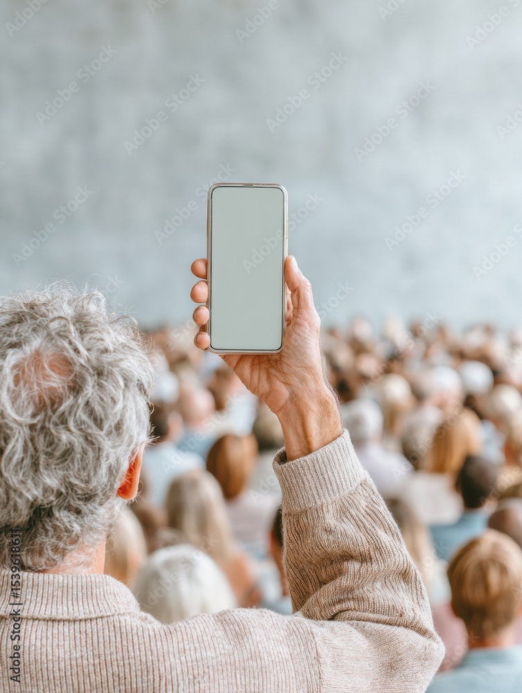 Poster Tech-Savvy Senior Using Smartphone for Live Polling at Interactive Conference - Modern Business Innovation and Collective Engagement in Professional Setting