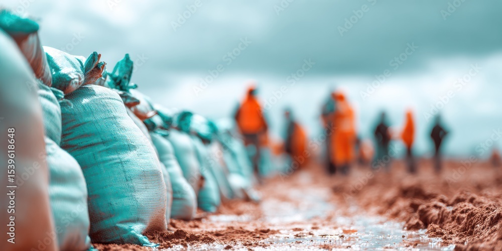 Poster flood management team building resilient sandbag wall on muddy ground for emergency response and dis
